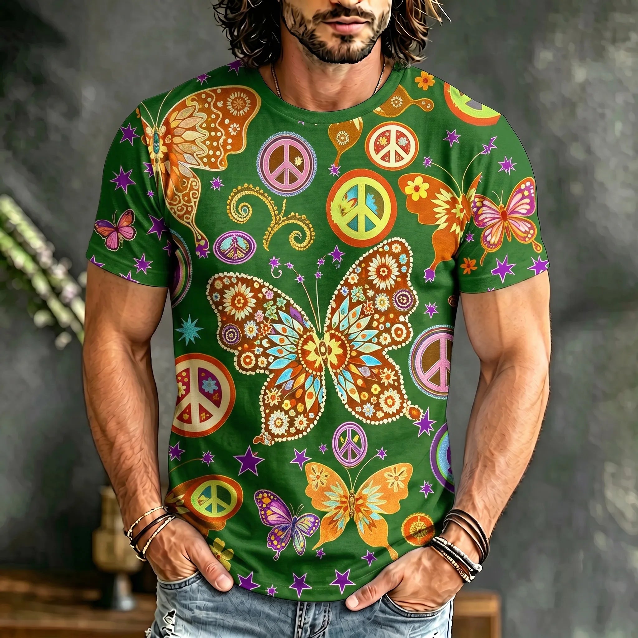 Men's Retro Hippie Peace And Butterfly Art Print Crew Neck Short Sleeve T-shirt