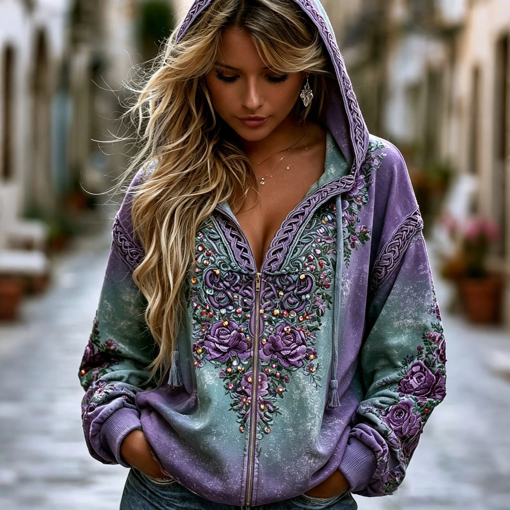 Women's Vintage Celtic Knot Floral Gradient Art Comfy Zipper Hoodie