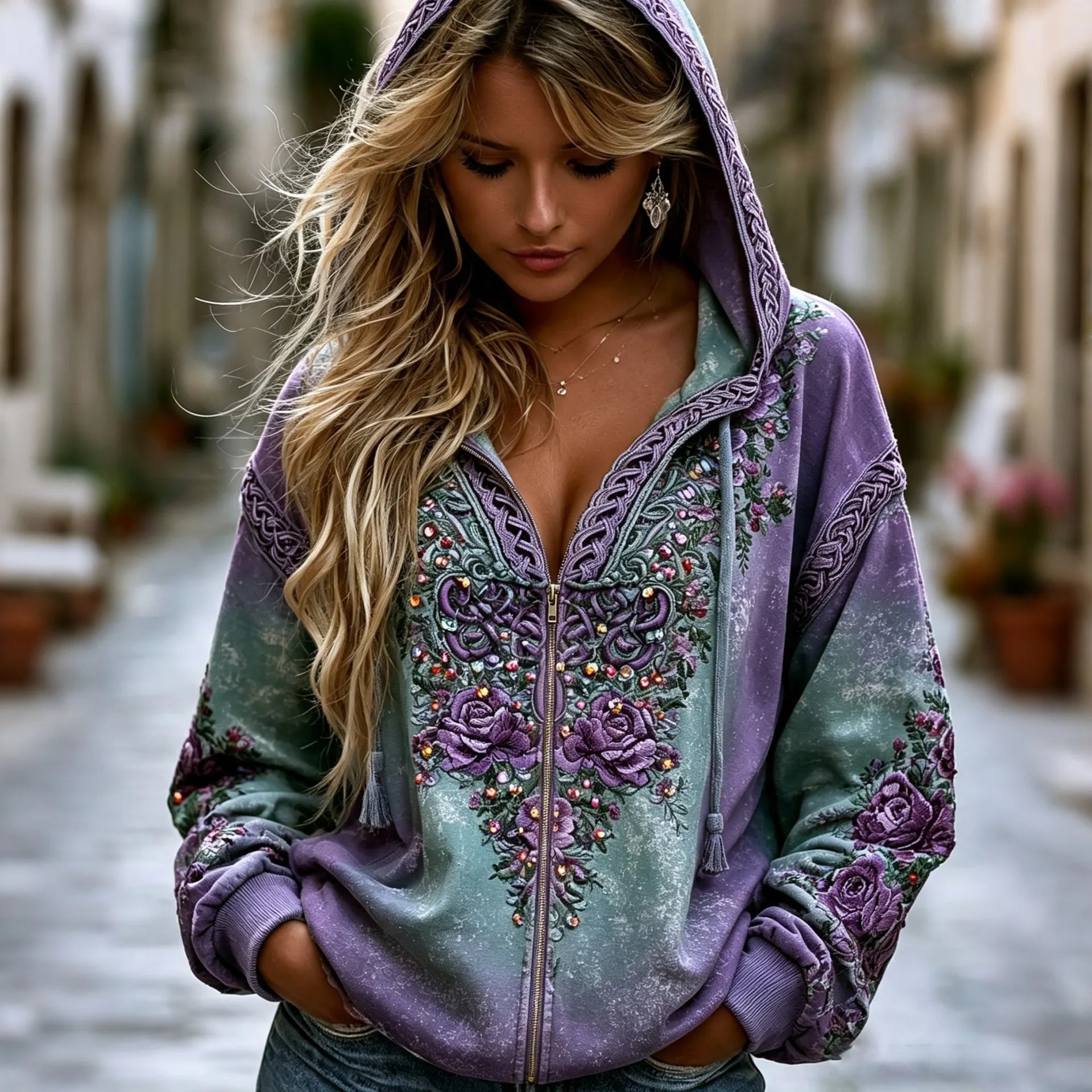 Women's Vintage Celtic Knot Floral Gradient Art Comfy Zipper Hoodie