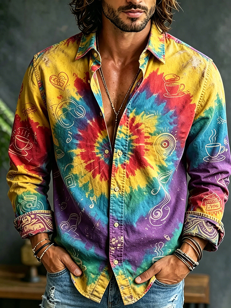 Men's Hippie Tie-dye Music Art Print Long Sleeve Shirt