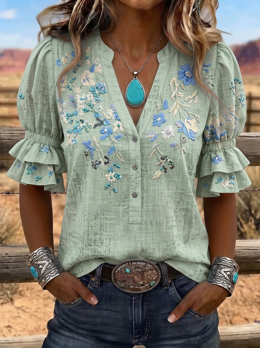 Women's Western Vintage Floral Embroidered Printed Top