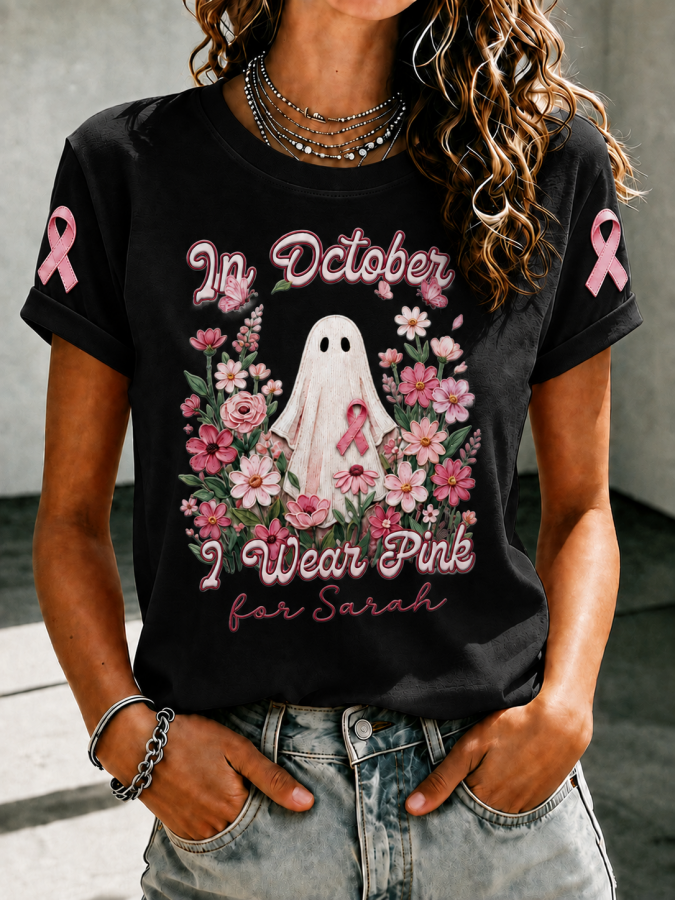 Women'S In October We Wear Pink Printed Casual T-Shirt