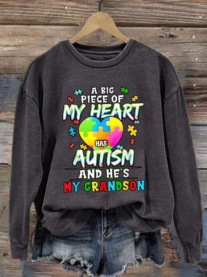 Retro A Big Piece Of My Heart Has Autism And He's My Grandson Print Sweatshirt