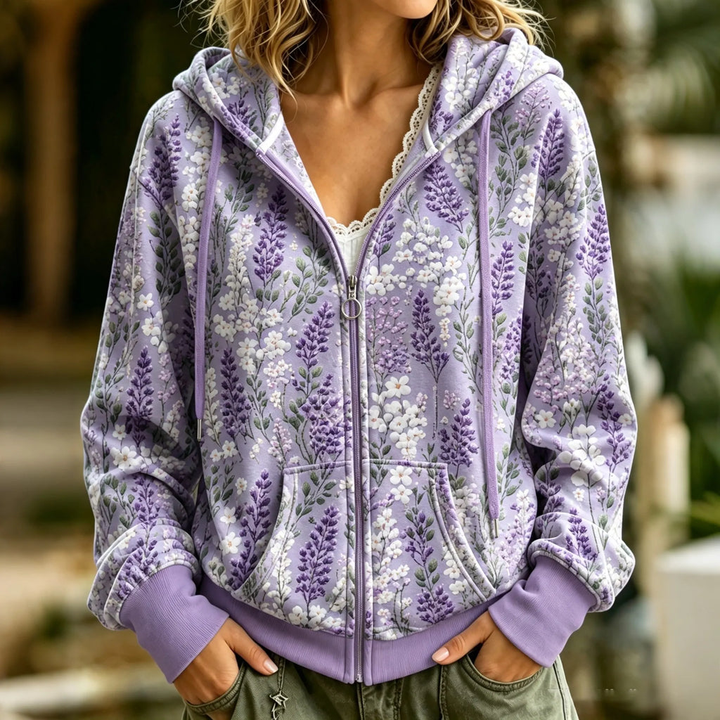 Women's Retro Purple Floral Pattern Art Casual Zip Up Hoodie