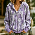 Women's Retro Purple Floral Pattern Art Casual Zip Up Hoodie