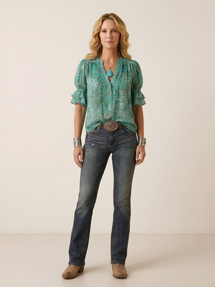 Women's Western Vintage Cactus Floral Printed Blouse