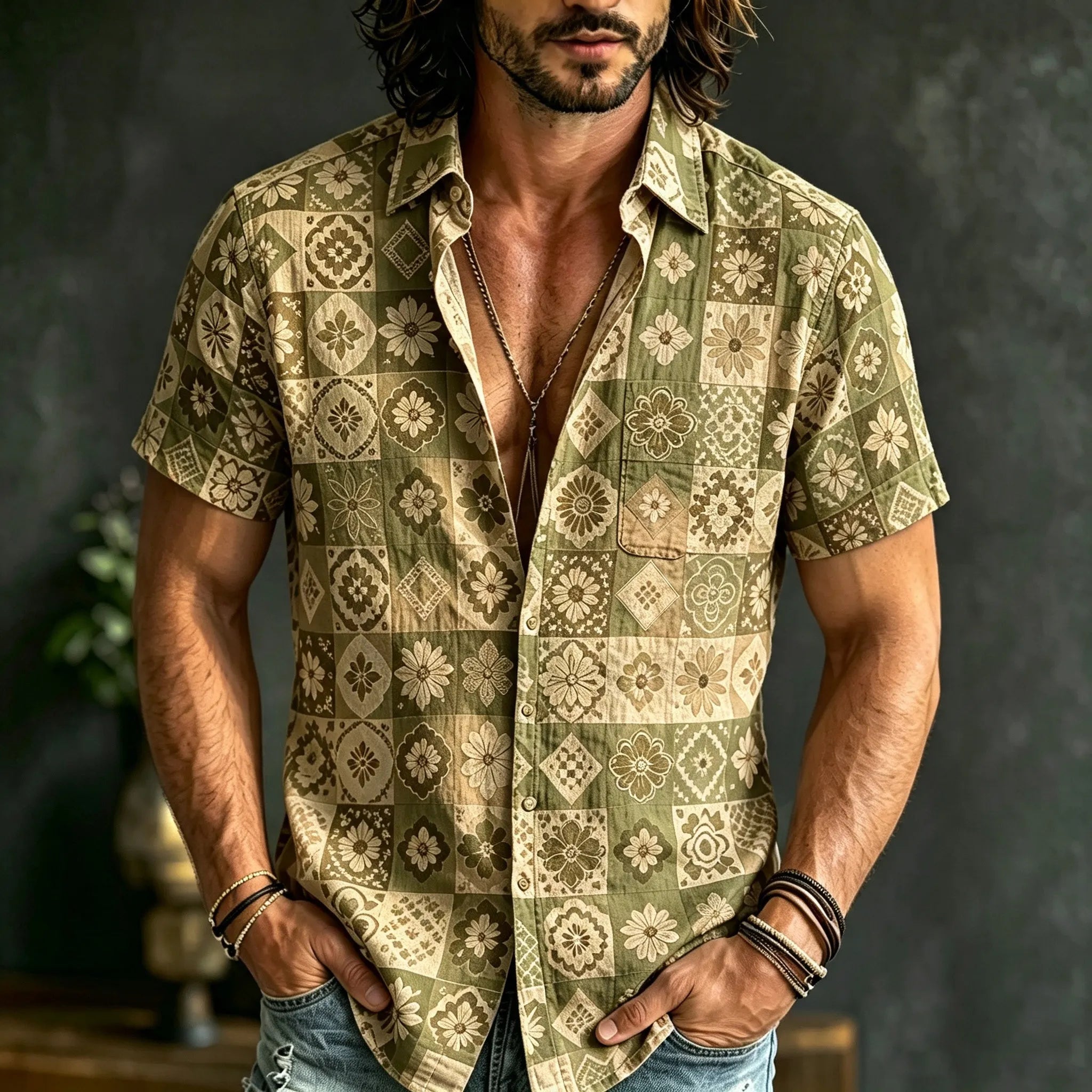 Men's Boho Patchwork Floral Print Hippie Cotton And Linen Comfortable Short Sleeve Shirt