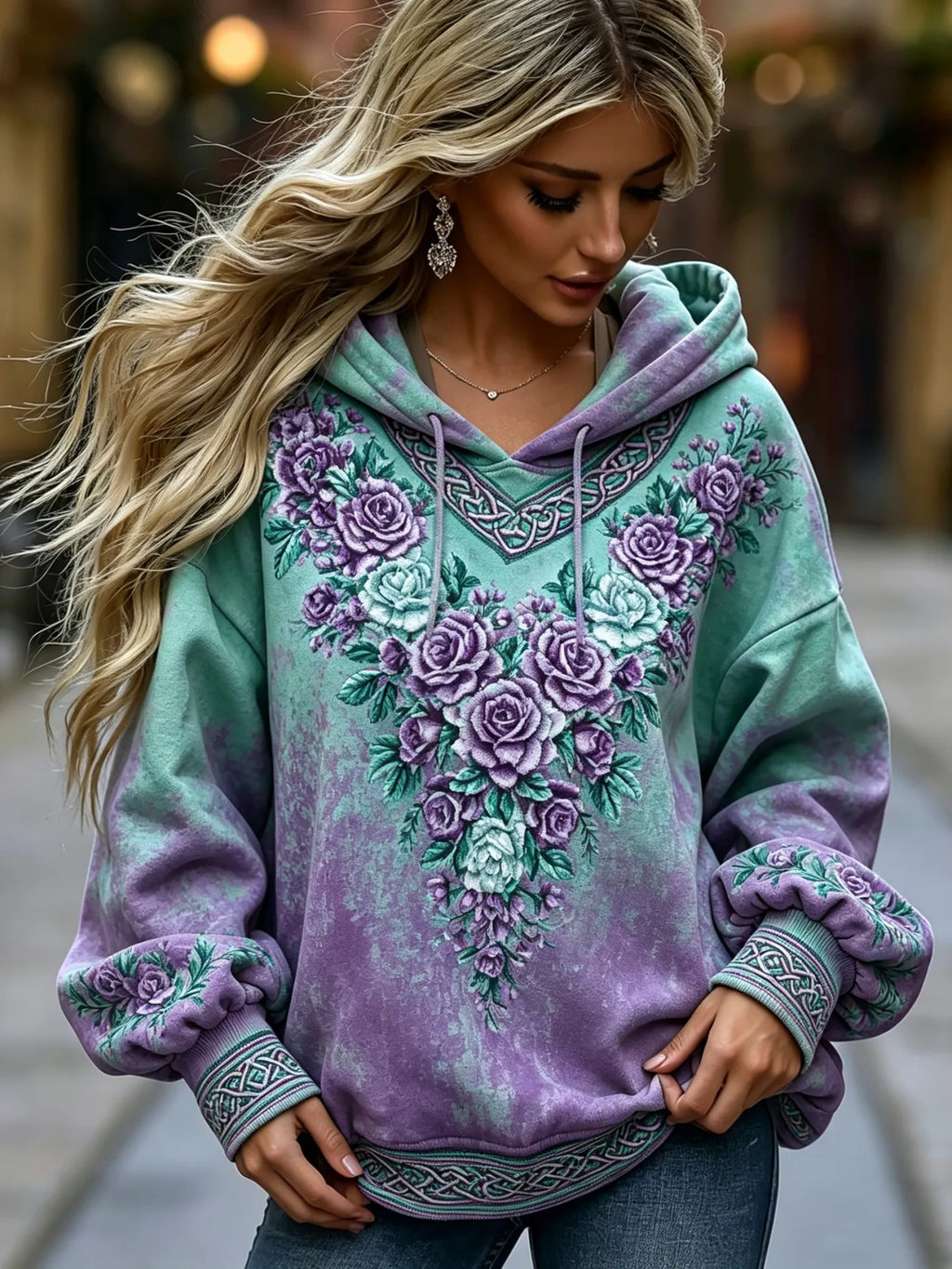 Women's Vintage Viking Celtic Knot Floral Print Comfortable Warm Hoodie