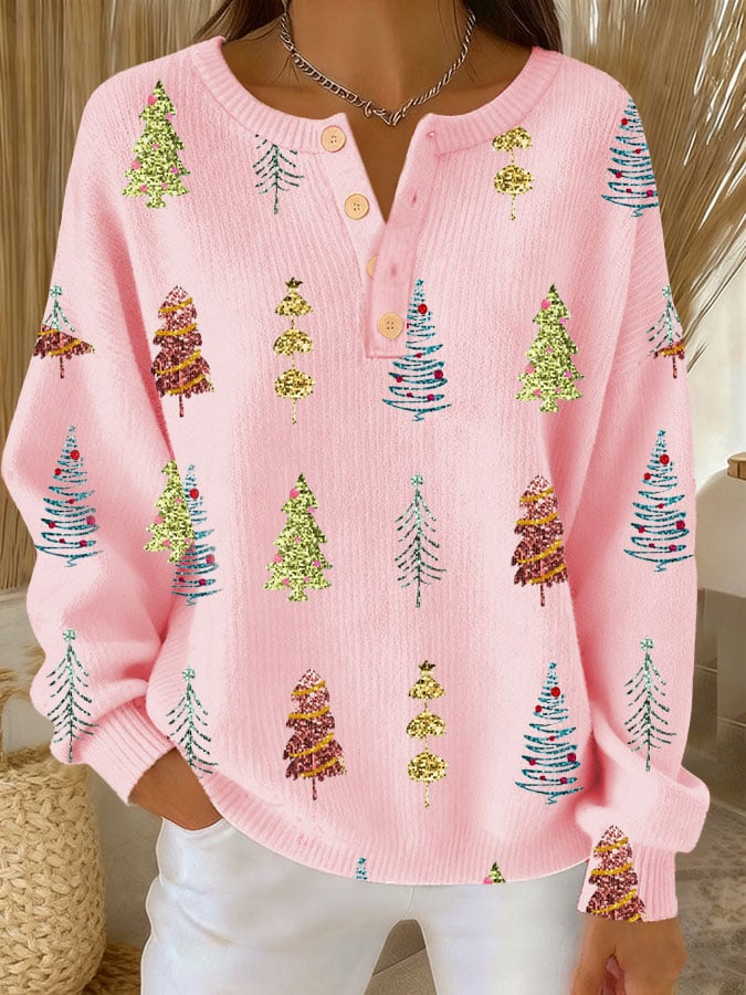 Women's Christmas Print Knit Button Top