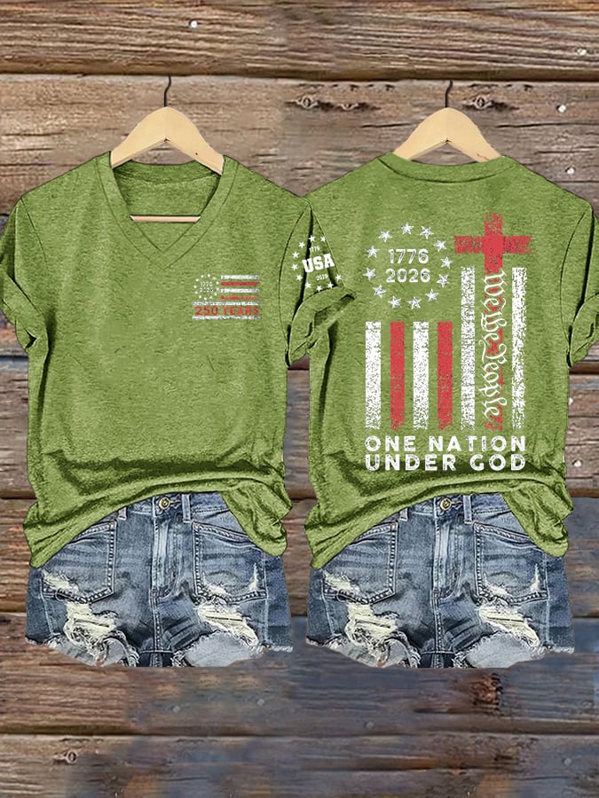 Women's Vintage USA 250th Anniversary One Nation Under God Print Casual T-shirt