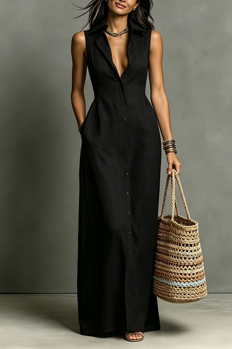 Women'S Minimalist Linen-Blend Collared Single-Breasted Sleeveless Maxi Shirt Dress