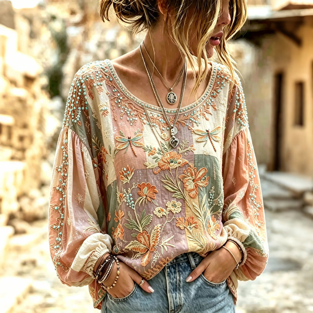 Women's Vintage Boho Floral Patchwork Art Cotton Linen Casual T-shirt
