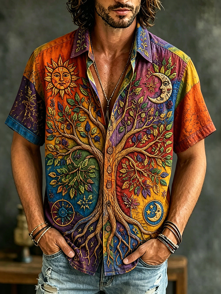 Men's Colorful Tree Of Life Sun Moon Patchwork Art Print Short Sleeve Shirt