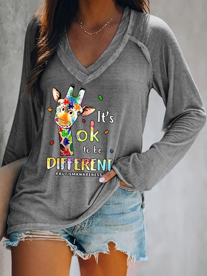V-neck Autism Awareness Giraffe It's Ok To Be Different Print T-Shirt