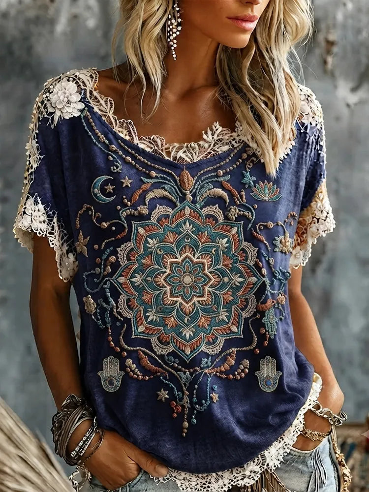 Women's Boho Mandala & Hamsa Hand Print Lace Trim Short-sleeve T-shirt