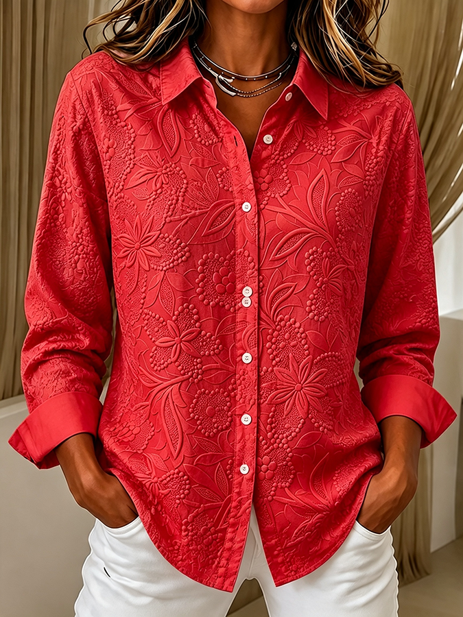Women'S Pink Plant Flower Long Sleeved Shirt