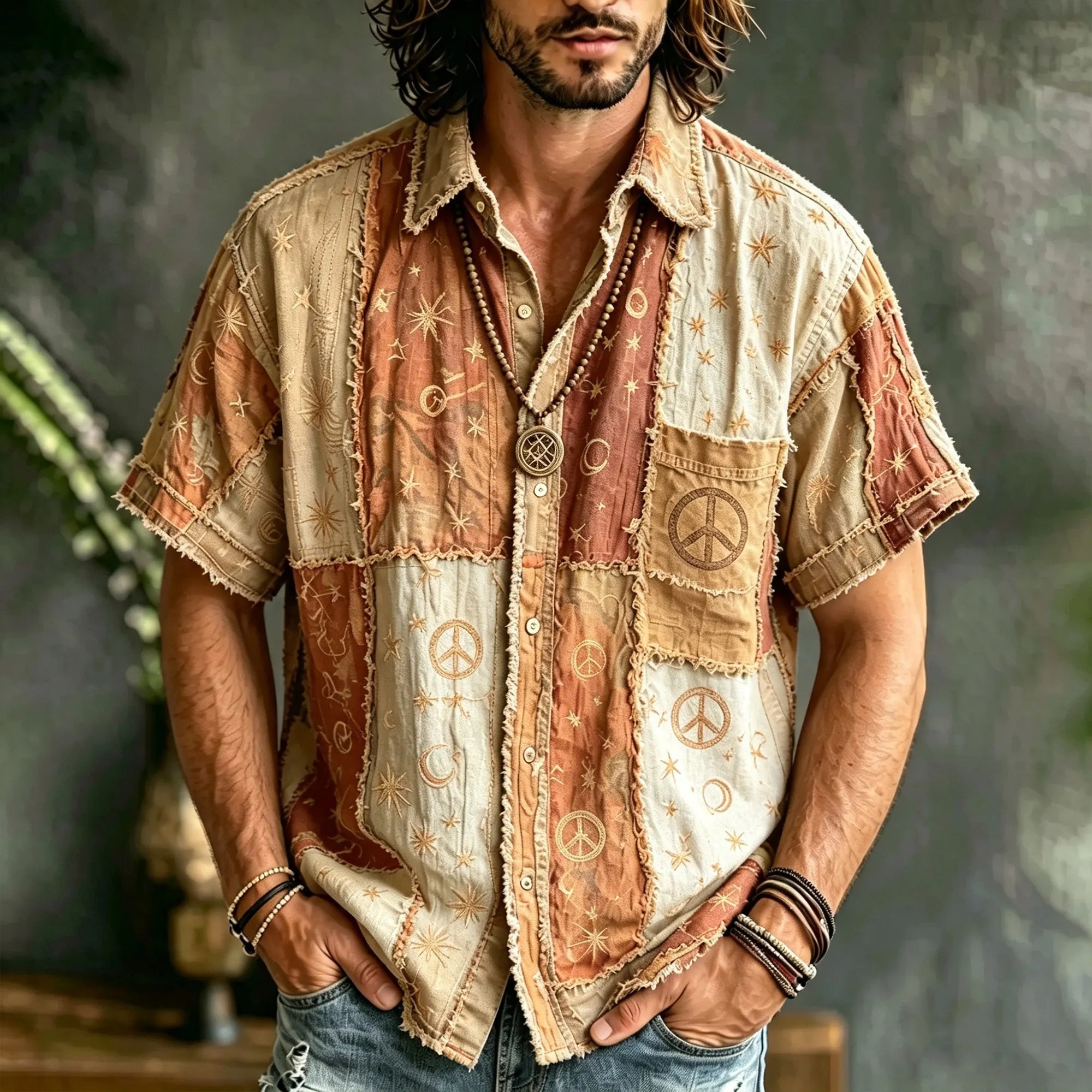 Men's Vintage Hippie Multicolor Patchwork Linen Blend Short Sleeve Shirt