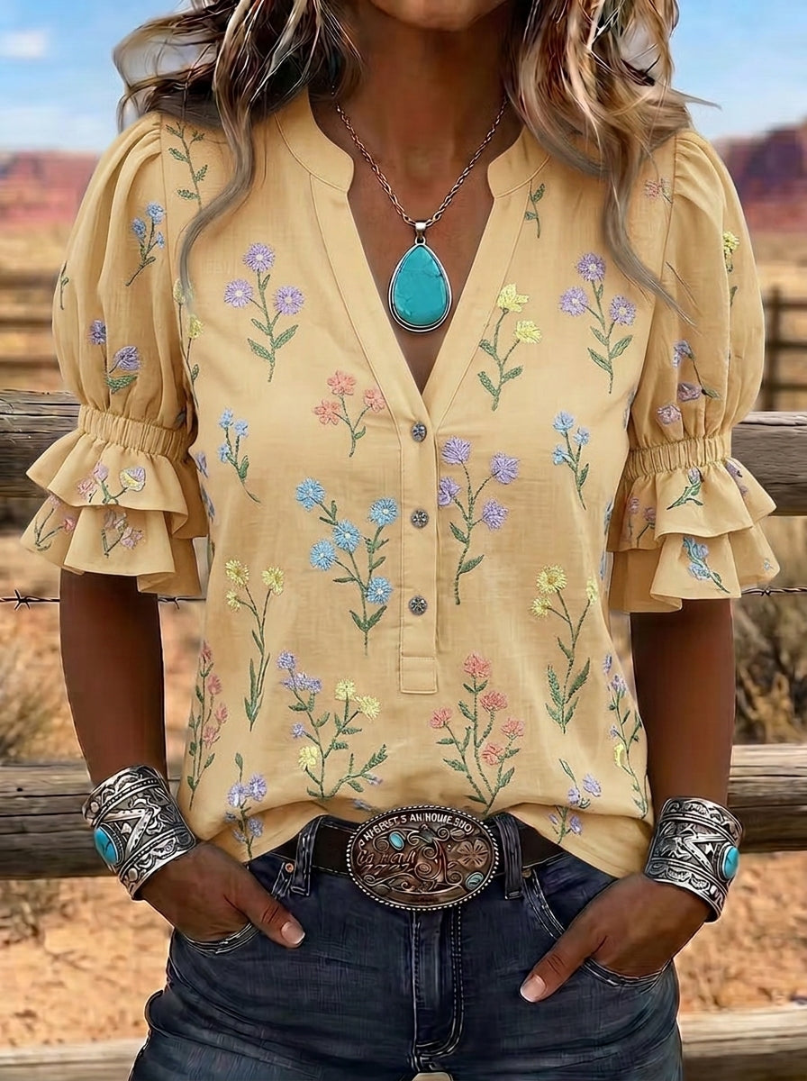 Women's Western Vintage Floral Embroidered Ruffle Sleeve Top