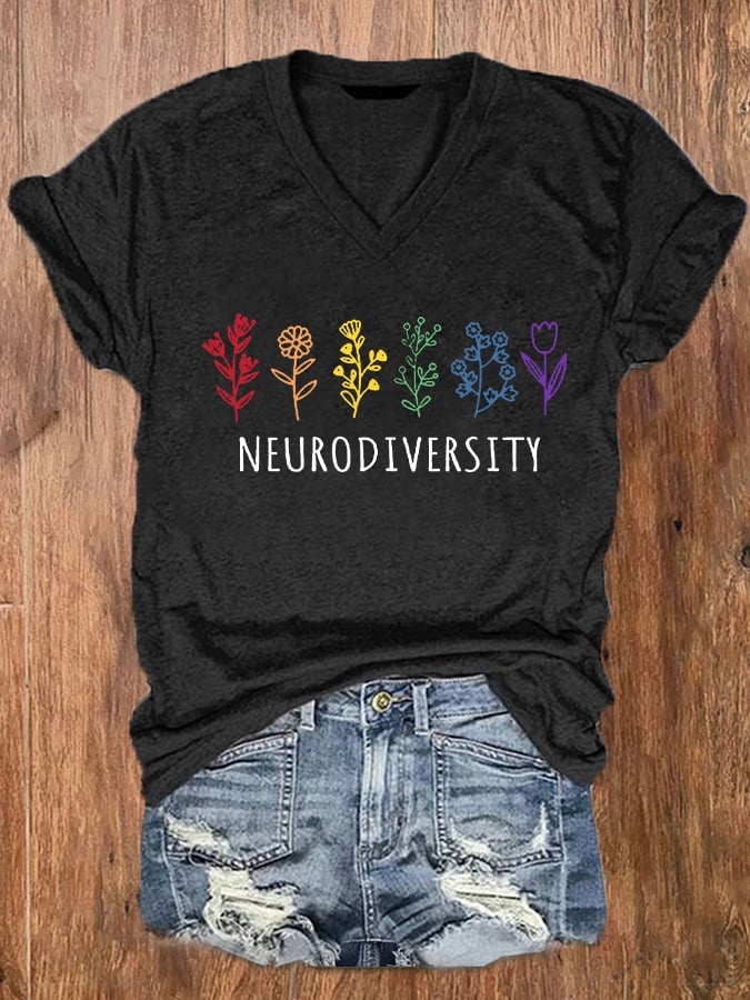 Women's Autism Awareness Neurodiversity Printed V-Neck Tee