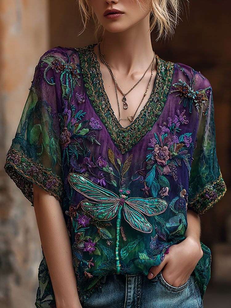 Women's Vintage Dragonfly Floral Art Linen Blend Casual V-neck T-shirt