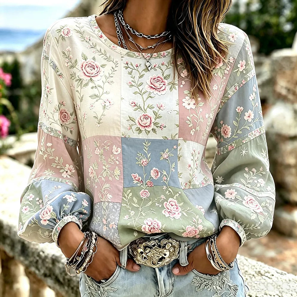 Women's Vintage Pink Floral Art Patchwork Linen Cotton Blend Crew Neck Long Sleeve Top