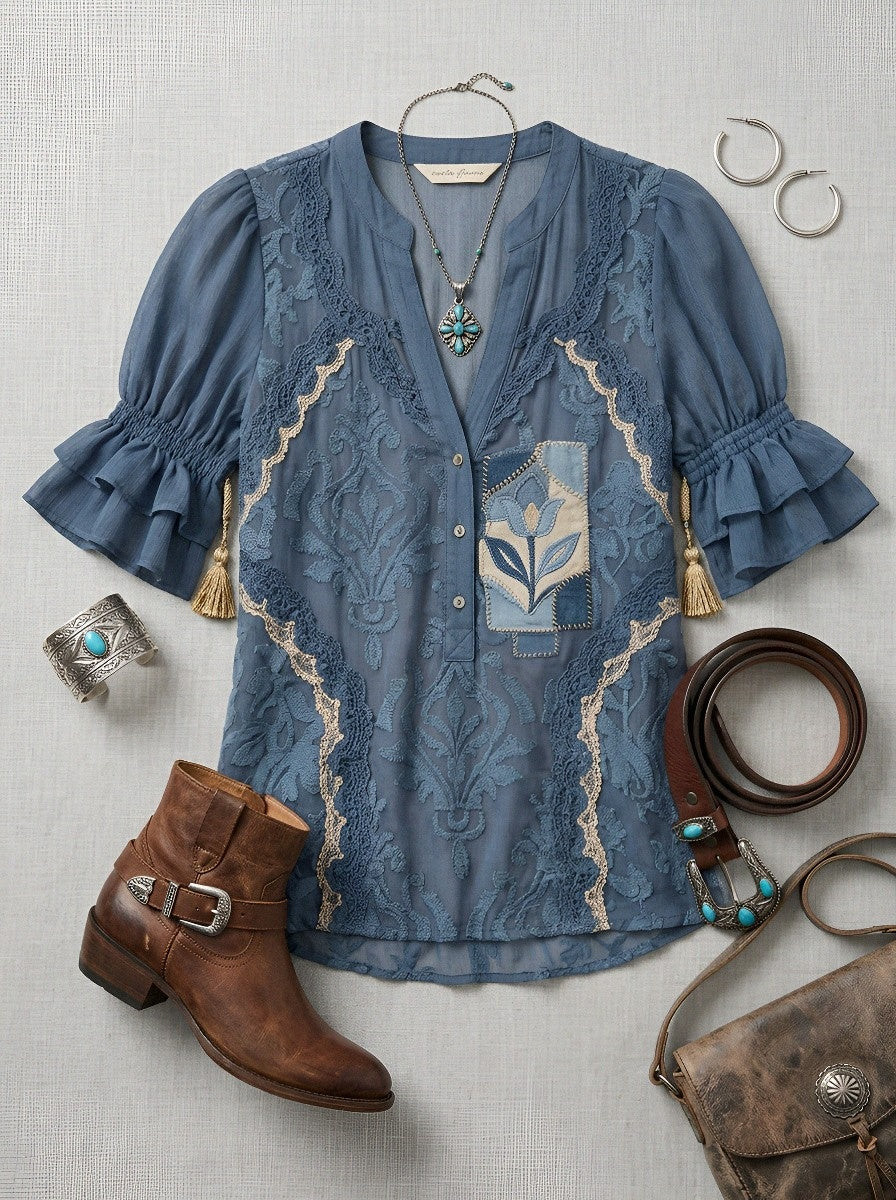 Women's Western Vintage Floral Patchwork Printed Blouse