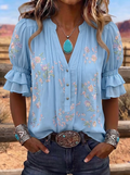 Women's Western Vintage Floral Embroidered Ruffle Sleeve Blouse