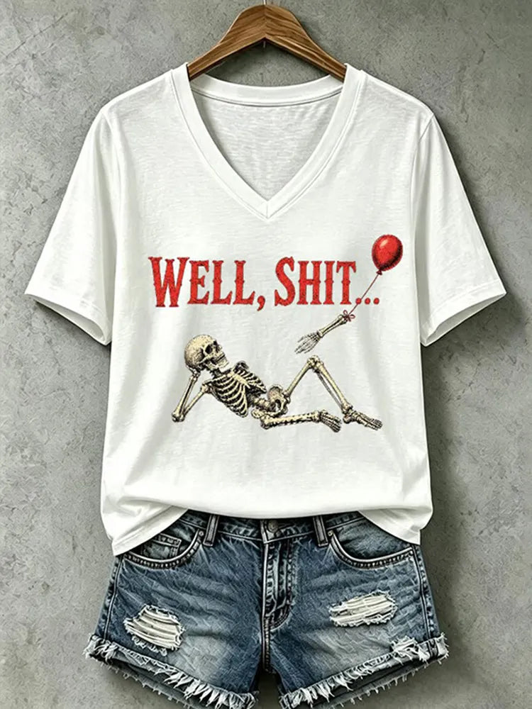 Women's Halloween Well, Shit... Print V Neck T-shirt