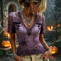 Women's Halloween Witch Purple Spider Web Floral 3d Embroidery Lace V Neck Top