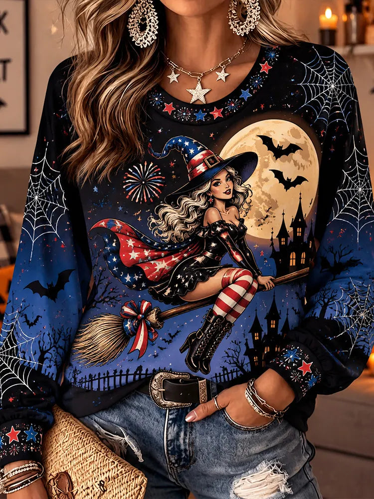 Women's Halloween Witch And American Elements Art Print Crewneck Long Sleeve T-shirt