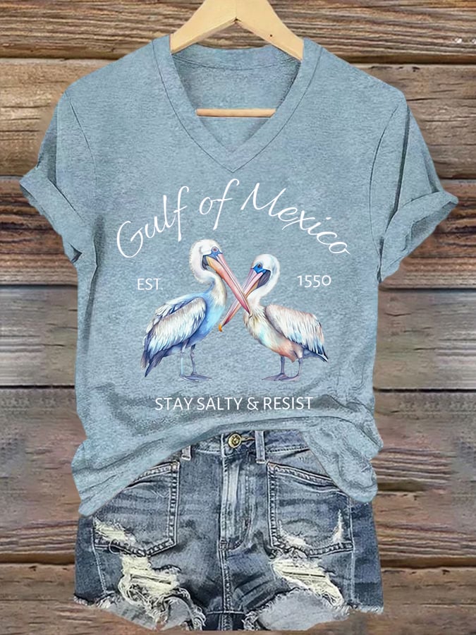 Women's Gulf Of Mexico Printed V Neck T-shirt