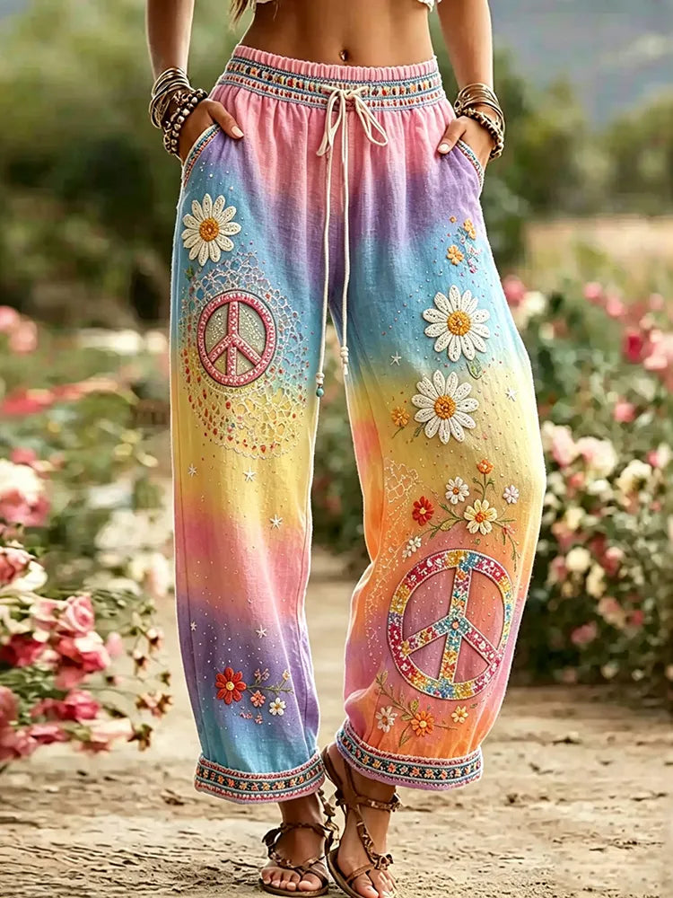 Women's Hippie Vintage Hippie Floral Art Cotton Linen Casual Pants