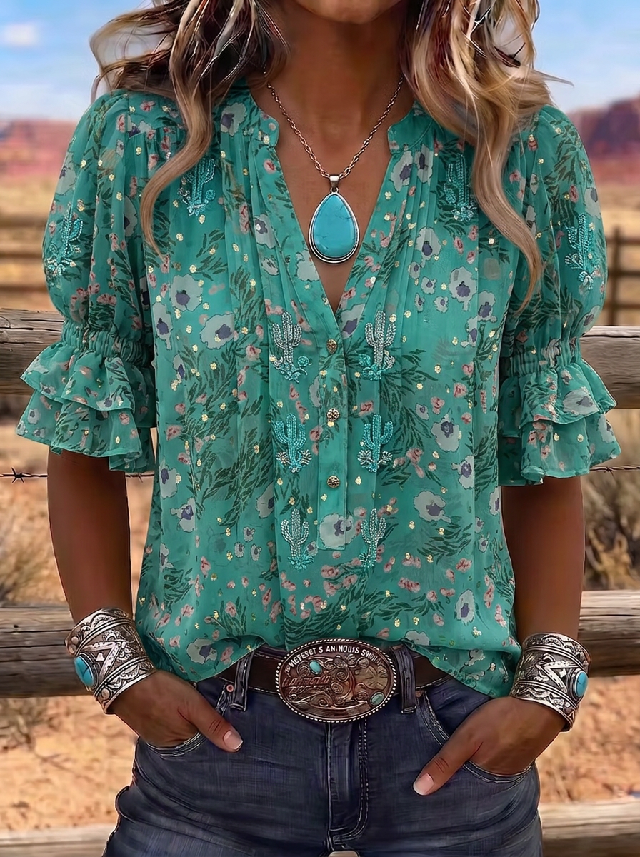 Women's Western Vintage Cactus Floral Printed Blouse