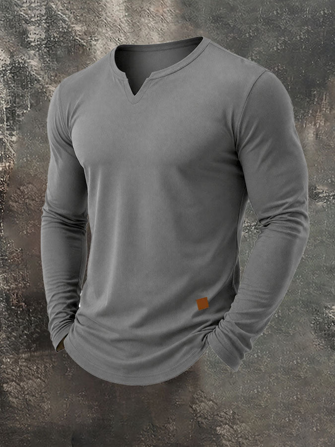 Men's Plain Casual V-Neck Long Sleeve T-Shirt
