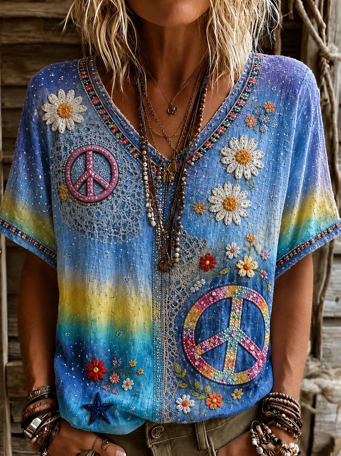 Women's Vintage Hippie Floral Patchwork Art Linen Blend Short Sleeve Tops