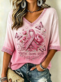 Women's Casual Top with Floral Breast Cancer Awareness Print