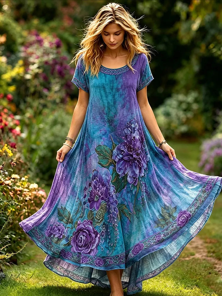 Women's Vintage Celtic Knot And Purple Floral Pattern Casual Round Neck Dress