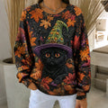 Women's Retro Maple Leaf Black Cat Print Crew Neck Sweater