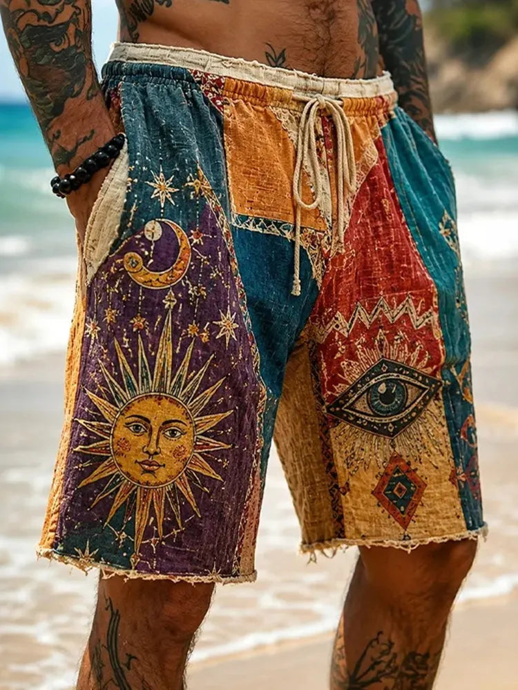 Men's Colorful Hippie Sun And Moon Pattern Casual Linen Blend Shorts