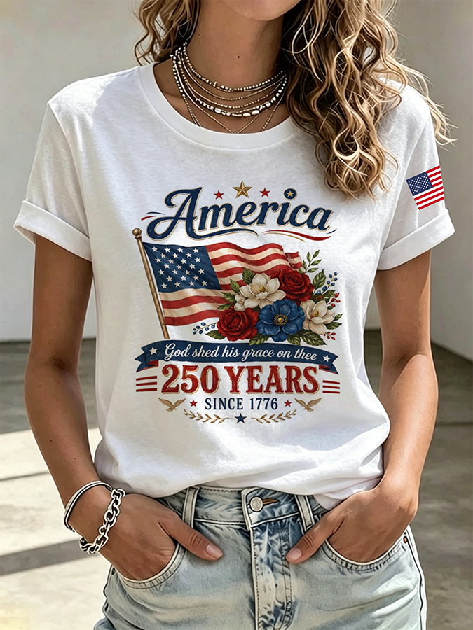Ladies' Casual American 250Th Anniversary Floral Commemorative Round Neck Short Sleeved T-Shirt