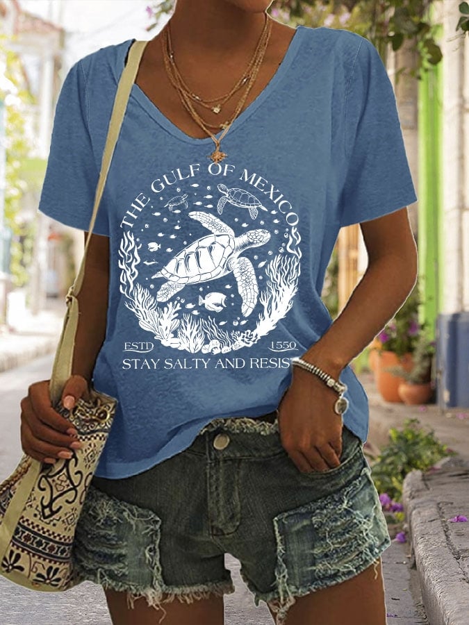 Women's The Gulf Of Mexico Print V Neck Casual T-Shirt