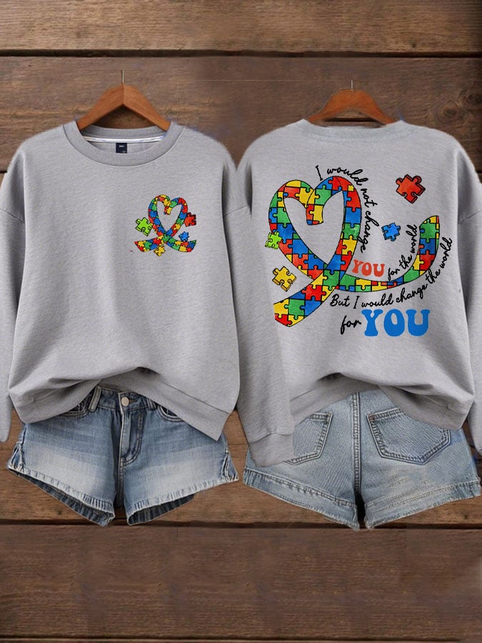 Women's In April We Wear Blue Autism Awareness Printed Sweatshirt