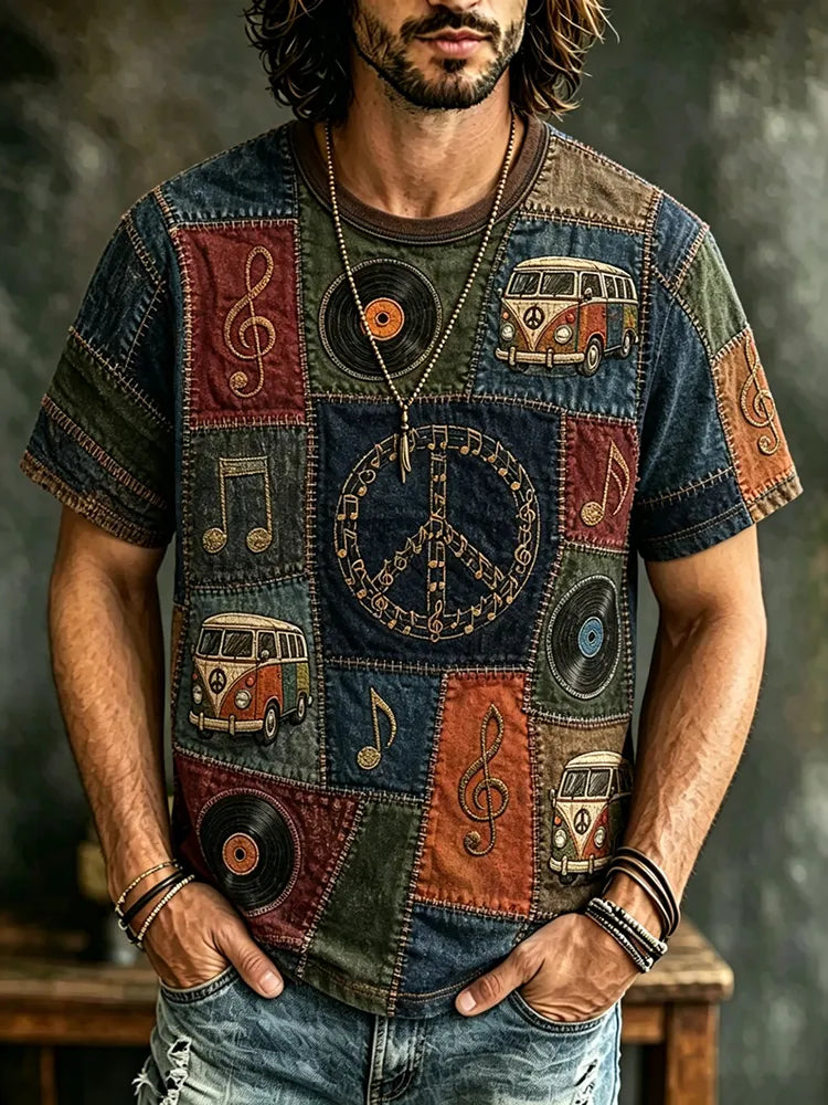 Men's Hippie Peace Symbol Car Vinyl Record Art Print T-shirt