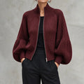 Elegant Cropped Zip-up Knit Cardigan With Lantern Sleeves