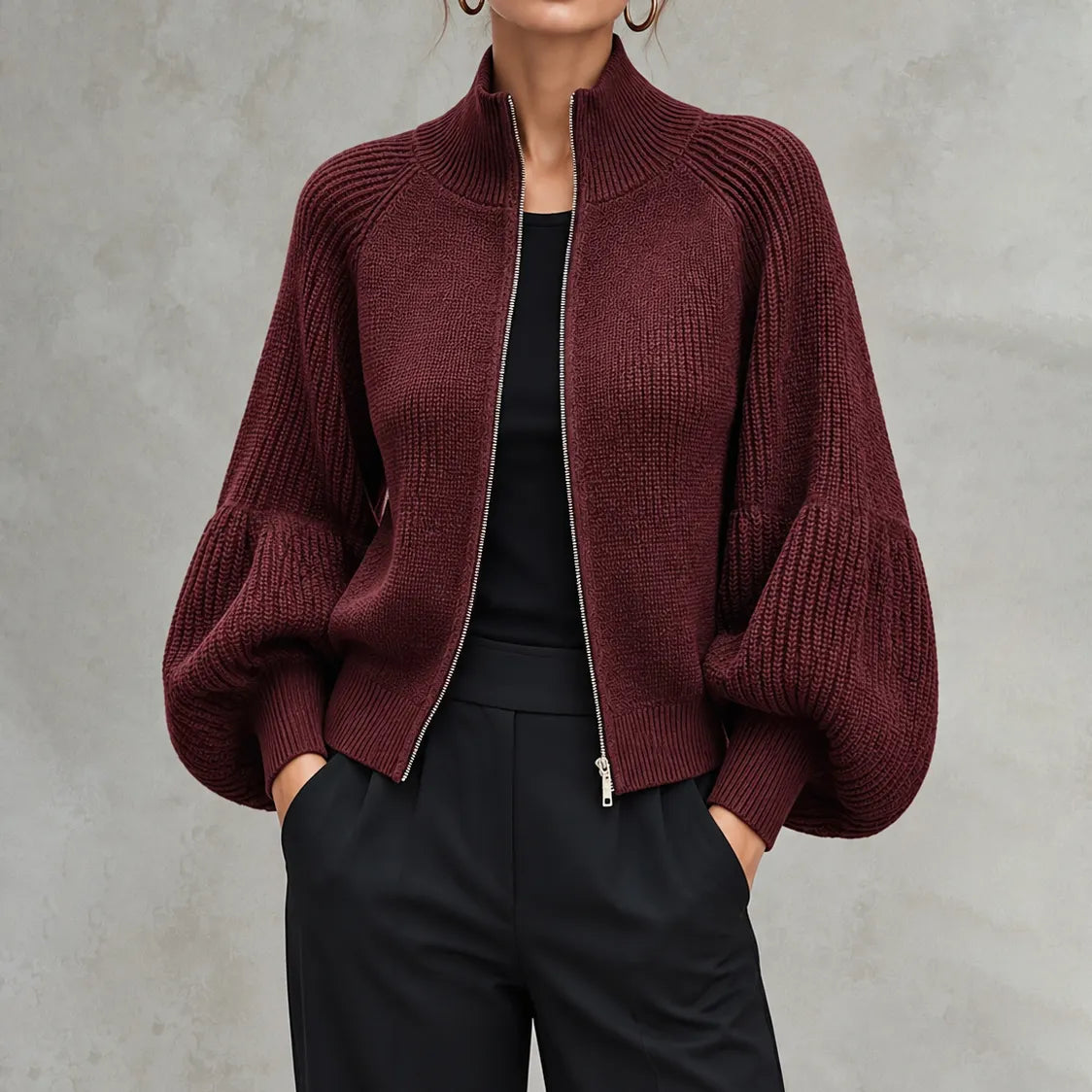 Elegant Cropped Zip-up Knit Cardigan With Lantern Sleeves