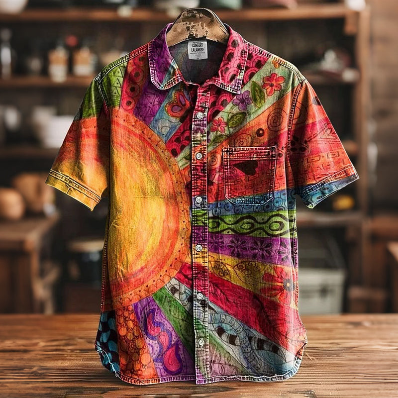 Vintage Sun Color Block Art Print Casual Pocket Shirt