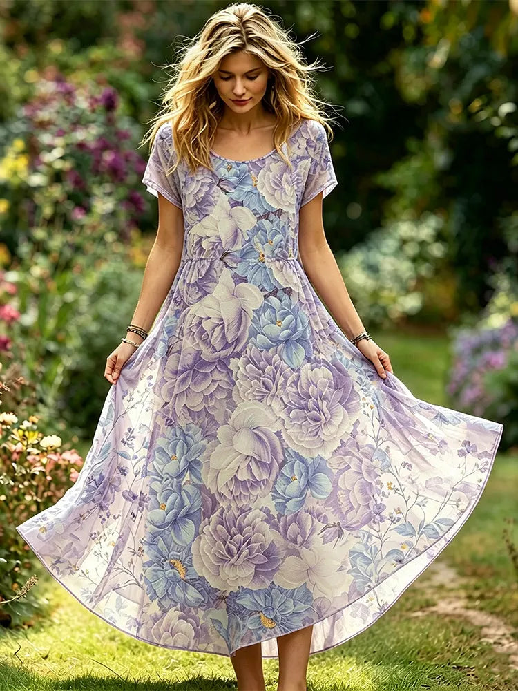 Retro Bohemian Style Purple Peony Floral Flowing Long Dress