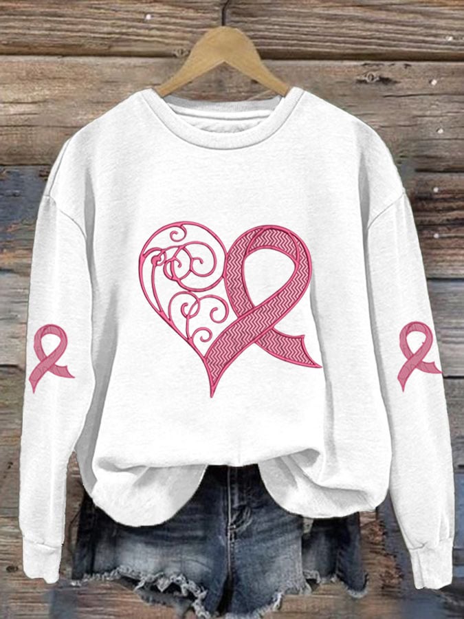 Women's Breast Cancer Awareness Heart Ribbon Print Sweatshirt