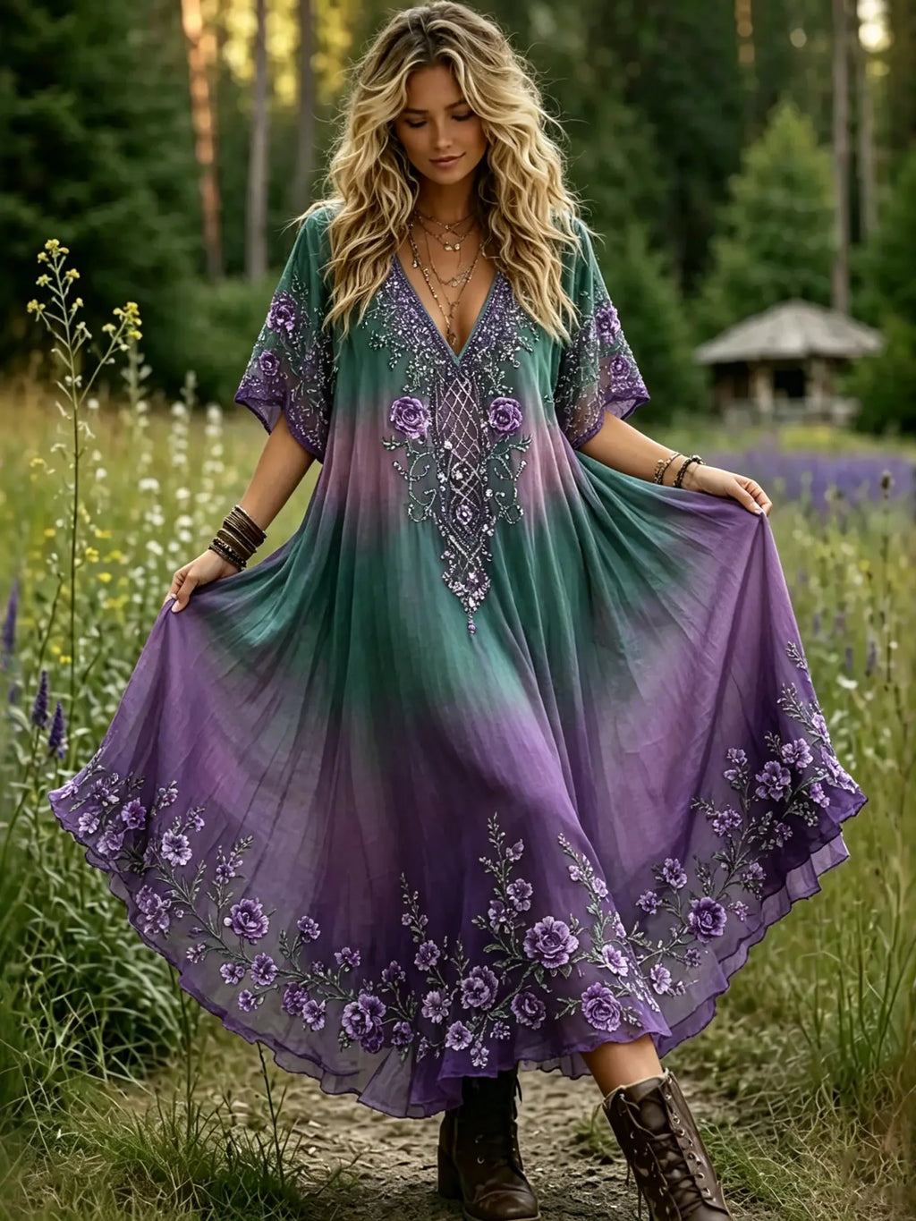 Women's Vintage Purple Floral Gradient Art Embroidered Linen Casual V Neck  Dress