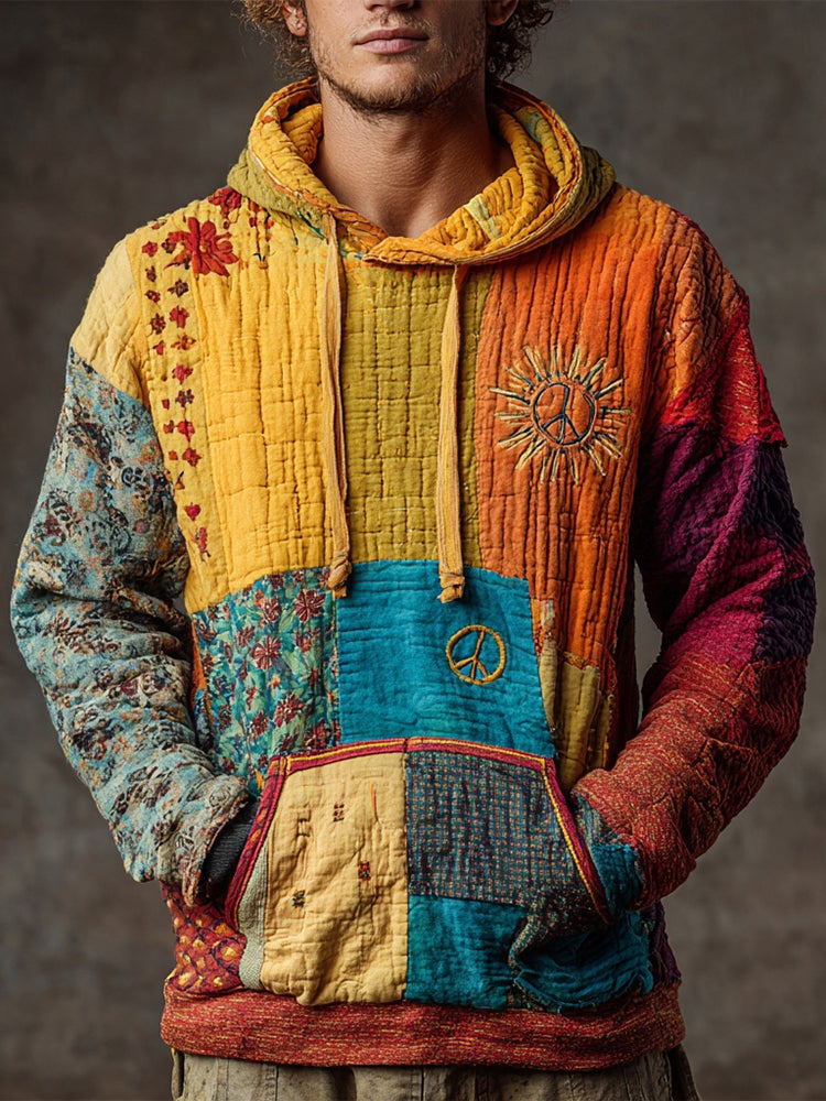 Men's Boho Hippie Peace Sign Patchwork Cozy Hoodie